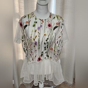 Nylon Apparel Nude Sheer Embroidered Floral Blouse Romantic Whimsical, NWOT, L